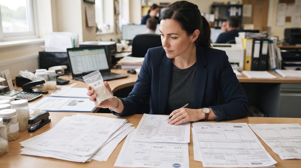 International buyer reviewing samples and supplier documents