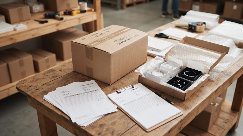Jewelry export with customs invoice and shipping documents