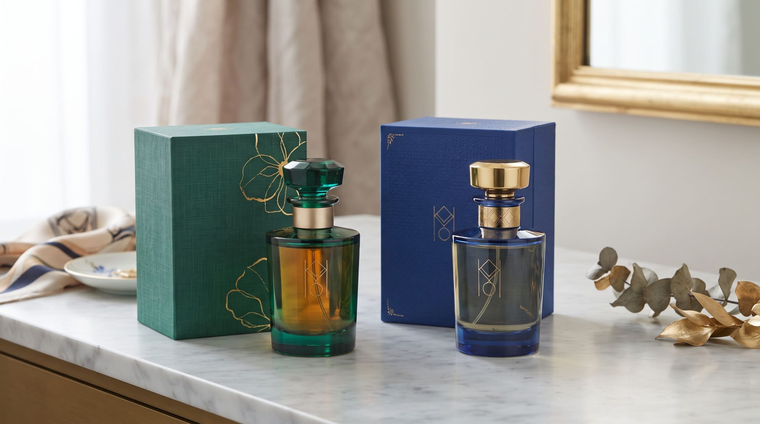 Luxury perfume packaging design showing coordinated bottles, boxes, colors, and typography