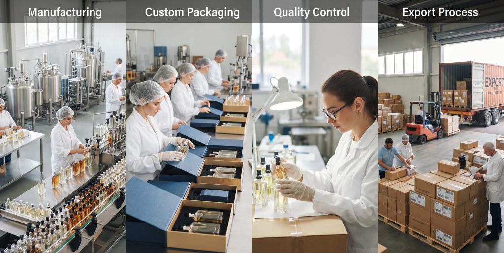 Perfume manufacturing, custom packaging, quality control, and export process for international buyers