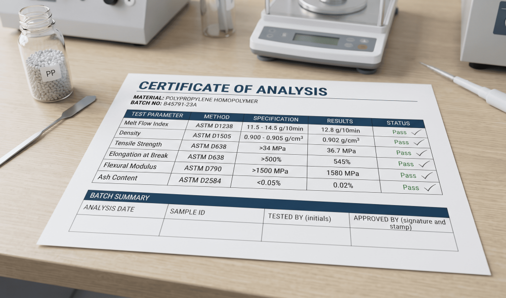 Polymer Certificate of Analysis showing batch quality test results