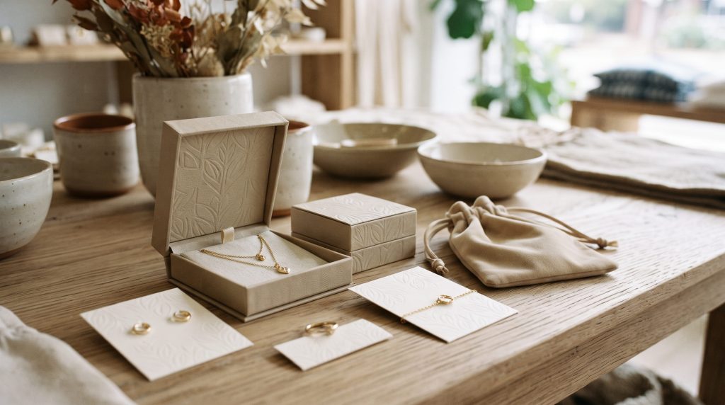 Private-label jewelry with branded boxes, pouches, and jewelry cards for boutiques