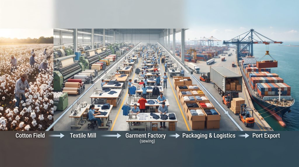 Transparent apparel supply chain from fabric sourcing to garment production and export